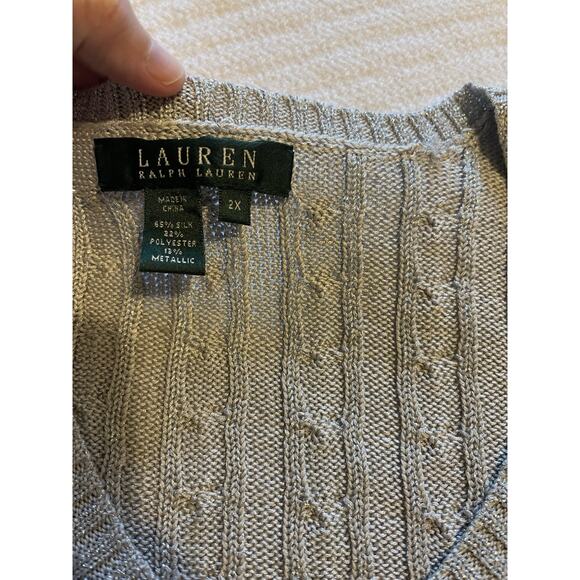 Ralph Lauren Preppy V-Neck Silver Metallic Cable Knit Silk Blend Sweater 2X NWT - Picture 6 of 6